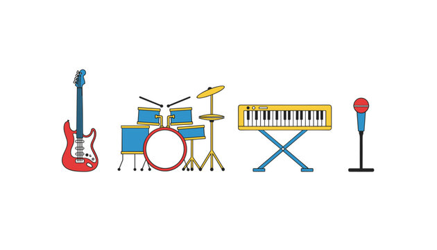 Set of essential musical instruments comprising a six-string guitar, percussion kit, synthesizer keyboard, and vocal microphone stand for music education and studio practice sessions.