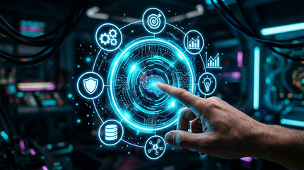 Obraz premium Hand interacting with glowing circular artificial intelligence interface and surrounding icons fingers pointing