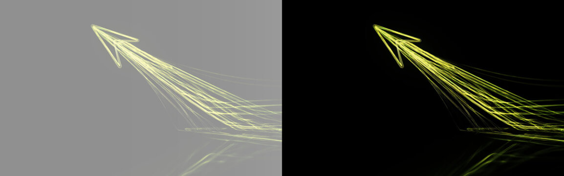 Yellow neon arrow on gray and black background, glowing light trails dynamic motion split screen