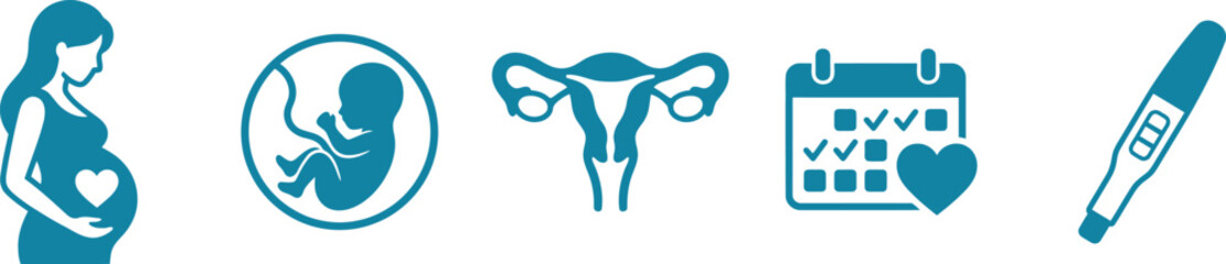 A horizontal sequence of five blue vector icons representing pregnancy including a pregnant woman, fetus, uterus, calendar, and pregnancy test device.