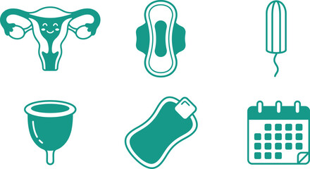 A collection of teal colored icons representing feminine hygiene products including a cute uterus, sanitary pad, tampon, cup, heating pad, calendar © RAC.Design-Magic
