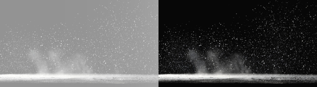 White smoke and dust particles rising from surface on gray and black background, realistic steam splash explosion split screen