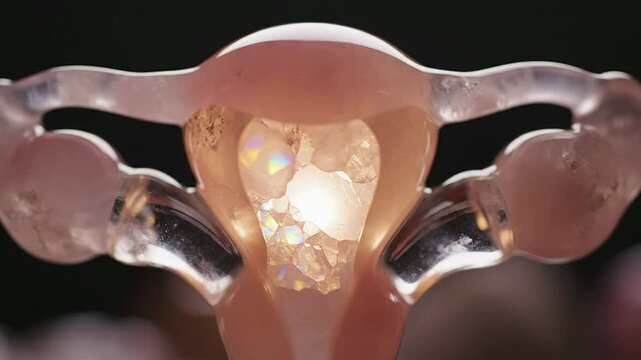Stylized Uterus Sculpture Crafted From Polished Rose Quartz And Translucent Crystal Highlighting Intricate Details Against Soft Dark Background
