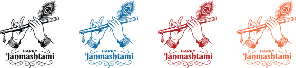 Four variations of Lord Krishna hands playing the flute with a peacock feather and elegant Happy Janmashtami text typography design © RAC.Design-Magic