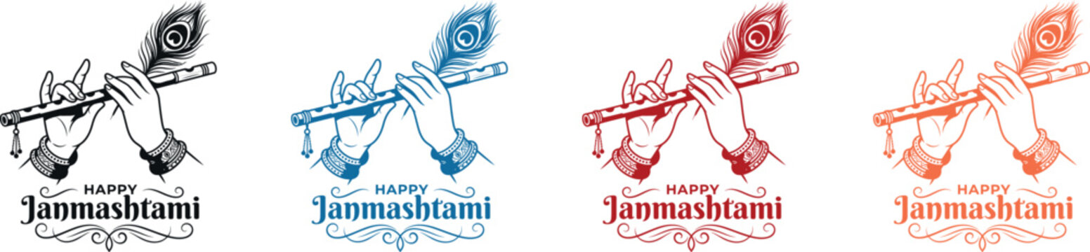 Four variations of Lord Krishna hands playing the flute with a peacock feather and elegant Happy Janmashtami text typography design