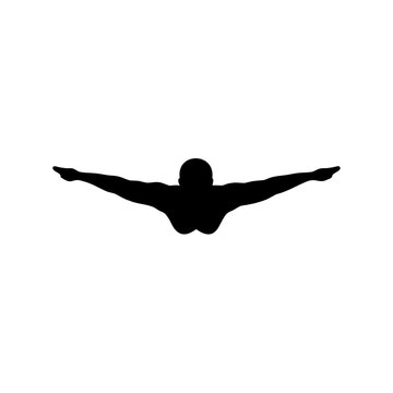Silhouette of diver with arms spread mid-dive - Minimalist black silhouette vector of a diver in mid-dive with arms spread wide, ideal for sports or aquatic-themed projects.