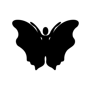 Black silhouette butterfly with human figure - Minimalist black silhouette of a butterfly with a human figure inside its wings, vector style.