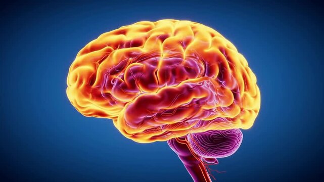 Thermal Imaging-Inspired Illustration of Brain Activity with Vascular System Visualization Against Solid Blue Background