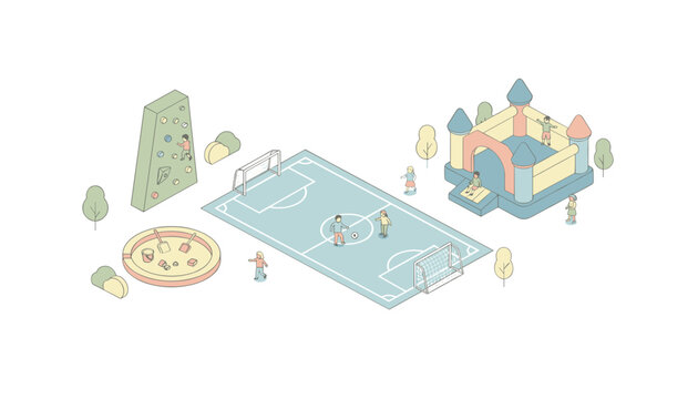Isometric playground scene featuring a soccer field, climbing wall, and bouncy castle with children playing in a soft color palette for recreational park concepts.