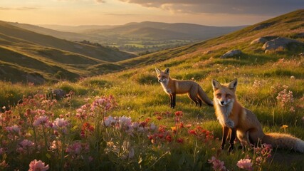 Obraz premium Two foxes sitting in a vibrant meadow filled with wildflowers during a picturesque sunset