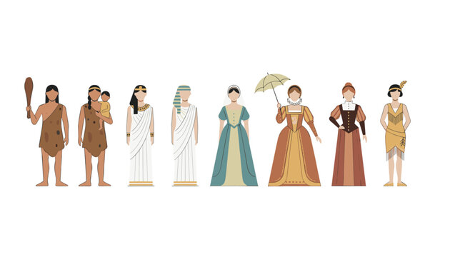 Historical figures different fashion eras from prehistoric cavemen and ancient civilizations to medieval, Victorian, and roaring twenties flapper styles.