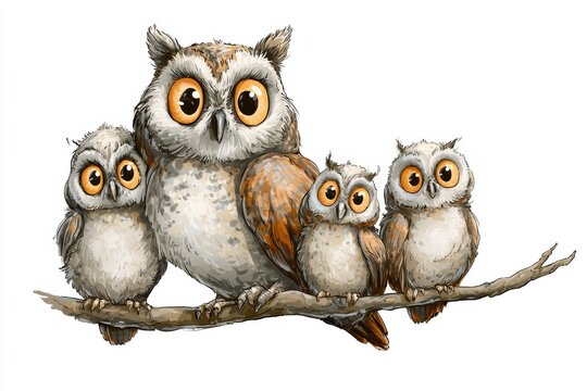 A mama owl and her two baby owlets are sitting happily on a branch in warm colors. They show a fun family scene ideal for childrens stories.
