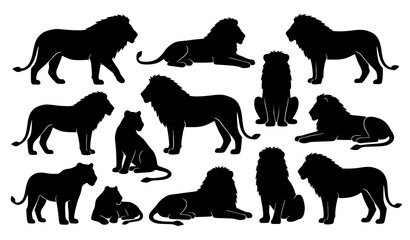African wildlife silhouettes of lions resting and standing composition isolated vector design on white background © Md Humaun