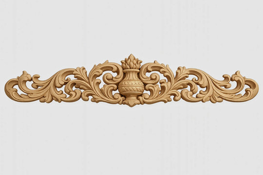 An ornate wooden architectural moulding element with symmetrical acanthus leaf filigree and a central decorative vase.
