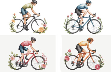 Obraz premium set of Cycling Watercolor Vector Illustration, Bicycle Rider Sports Artwork Isolated on White Background