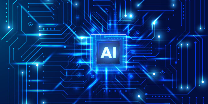Artificial intelligence microchip centered on high tech glowing circuit board pattern.