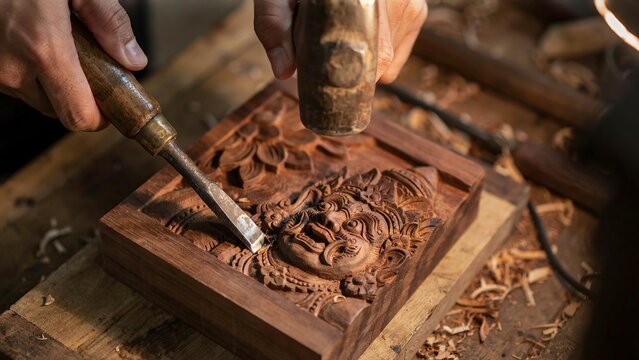 Close-Up of Artisan Hands Carving Intricate Balinese Hindu Demon Mask Face on Wooden Block with Chisel, Bali Indonesia