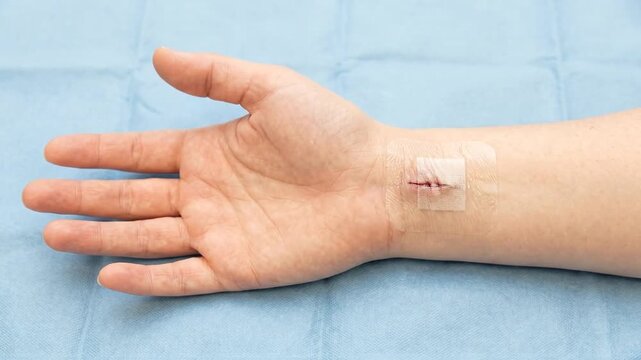 Patient's wrist with a small sutured incision covered by a transparent bandage and blood, resting on blue sterile surgical drape in a medical setting for recovery.