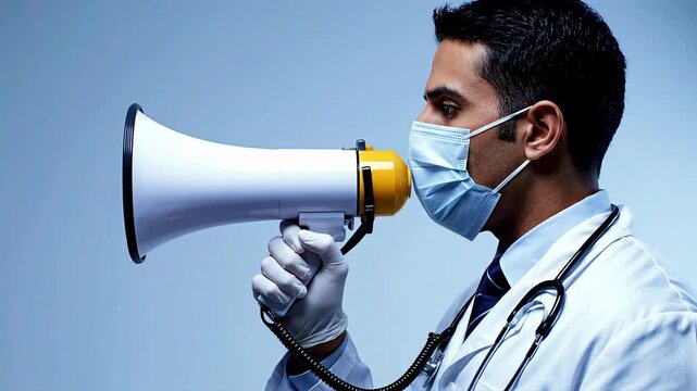 Doctor wearing face mask and megaphone.