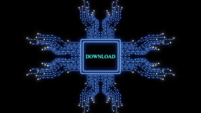 Digital download button with glowing circuit board animation and cybernetic data transfer concept technology