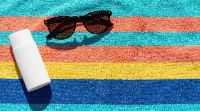 Summer Beach Vacation Flat Lay with Sunglasses and Unbranded Sunscreen Bottle on Striped Towel Copy Space