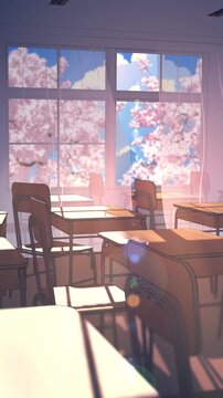 Empty Japanese Classroom with Open Window and Sakura Petals &ndash; Spring Loop 4K
