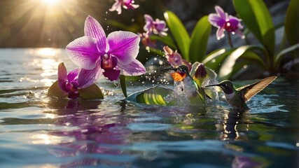 Fototapeta premium Vibrant hummingbirds feeding on orchids by a serene water surface during a golden sunset