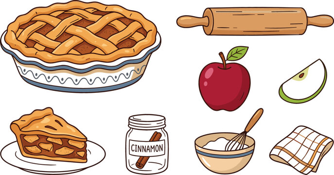 Homemade apple pie baking ingredients and tools vector element set including rolling pin cinnamon bowl whisk and lattice tart