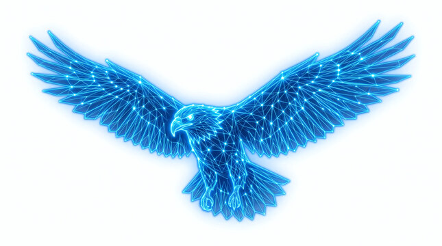 Wireframe eagle with glowing lines and digital network nodes.