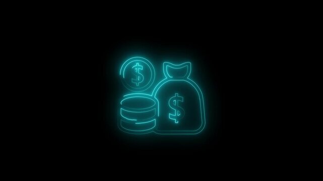 Neon glowing money bag and coin stack icon animation .