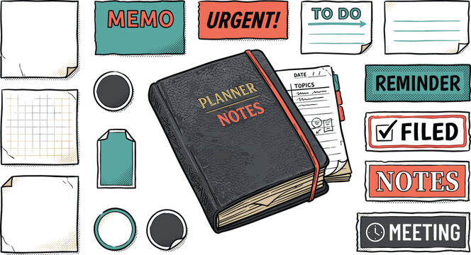 Stationery planner notes notebook vector element set including sticky notes memo tabs urgent reminder to do labels isolated on white background