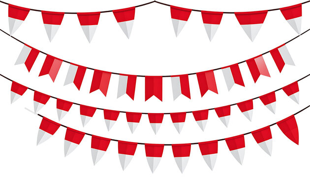 String of red and white triangular bunting flags, festive decoration, party streamers, holiday celebration, event banners