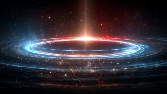 Soft intelligent light aura and holographic projections in space with volumetric beams, glowing rings, subtle energy fields, translucent layers, elegant blue and red accents, calm AI technology