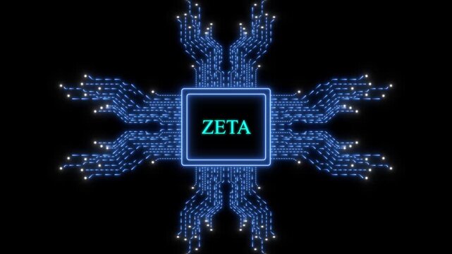 Digital zeta processor chip with glowing blue circuitry data flow animation microchip circuit board