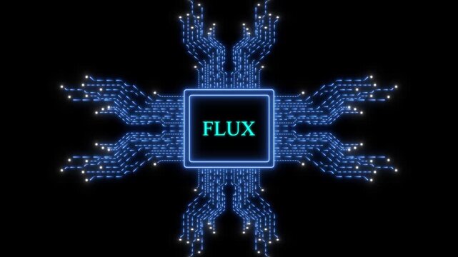 Digital flux circuit board animation: glowing blue cpu processor data flow technology background
