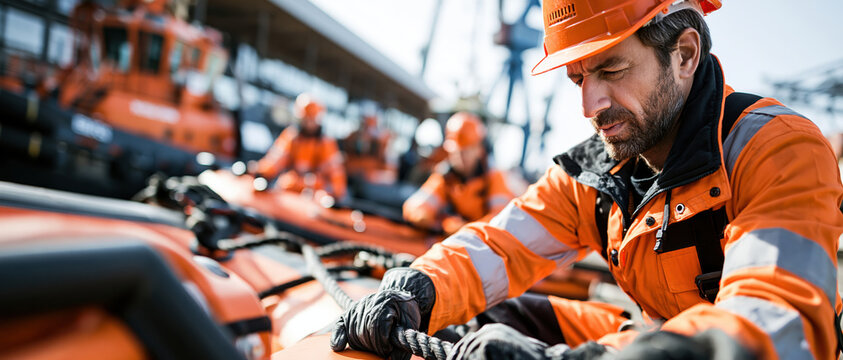 Industrial worker safety uniform orange jacket helmet gloves rope harbor ship teamwork construction crew focused on marine rope handling during harbor operations with professional safety equipment