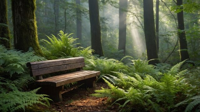 Serene forest scene with a wooden bench surrounded by lush ferns and soft sunlight filtering through trees