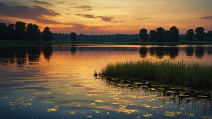Naklejka premium Serene sunset over a tranquil lake with lush greenery and reflective water, creating a peaceful atmosphere