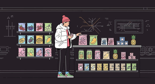 Person choosing products in grocery store aisle.