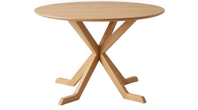 Light wooden round table with metal legs on plain background