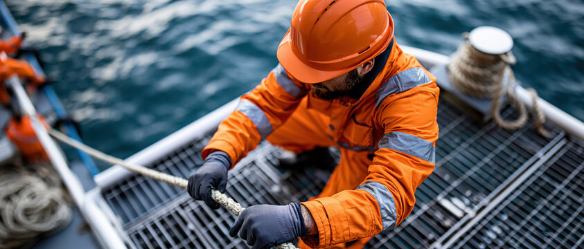 Offshore worker safety gear orange uniform hard hat rope gloves sea industrial maritime deck worker concentrating while handling rope on offshore vessel near ocean water