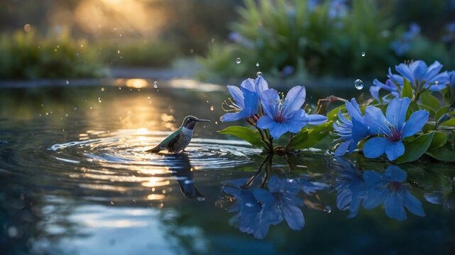 A hummingbird gracefully hovers near vibrant blue flowers by a tranquil pond at sunset
