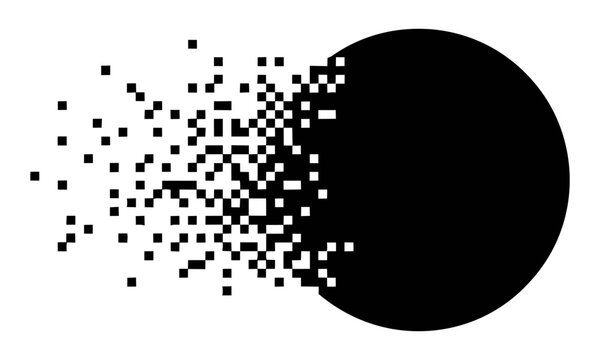 Black circular disk disintegrating into square pixels on a white background, minimalist geometric design, digital transformation concept