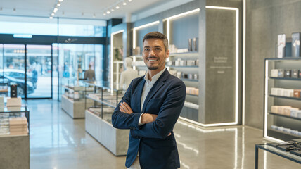 Fototapeta premium Retail sales manager preparing store interior for seasonal promotion
