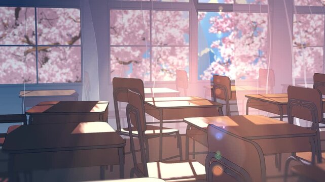 Empty Japanese Classroom with Open Window and Sakura Petals &ndash; Spring Loop 4K