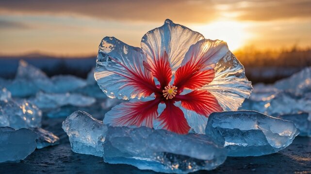 Stunning hibiscus flower encased in ice at sunset, showcasing nature's beauty in a serene landscape