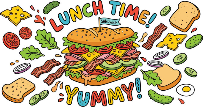 Yummy lunch time sandwich vector element set including large club sandwich sub bread slices cheese bacon tomato lettuce and pickles