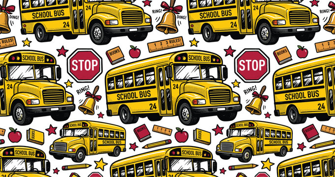Back to school seamless pattern vector background featuring yellow school buses stop signs apples bells pencils rulers and stars doodle elements