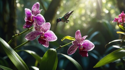 Fototapeta premium Vibrant hummingbird hovering near blooming orchids in a lush, sunlit rainforest setting