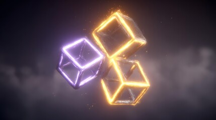 Fototapeta premium cubes stacked in impossible structure with neon light